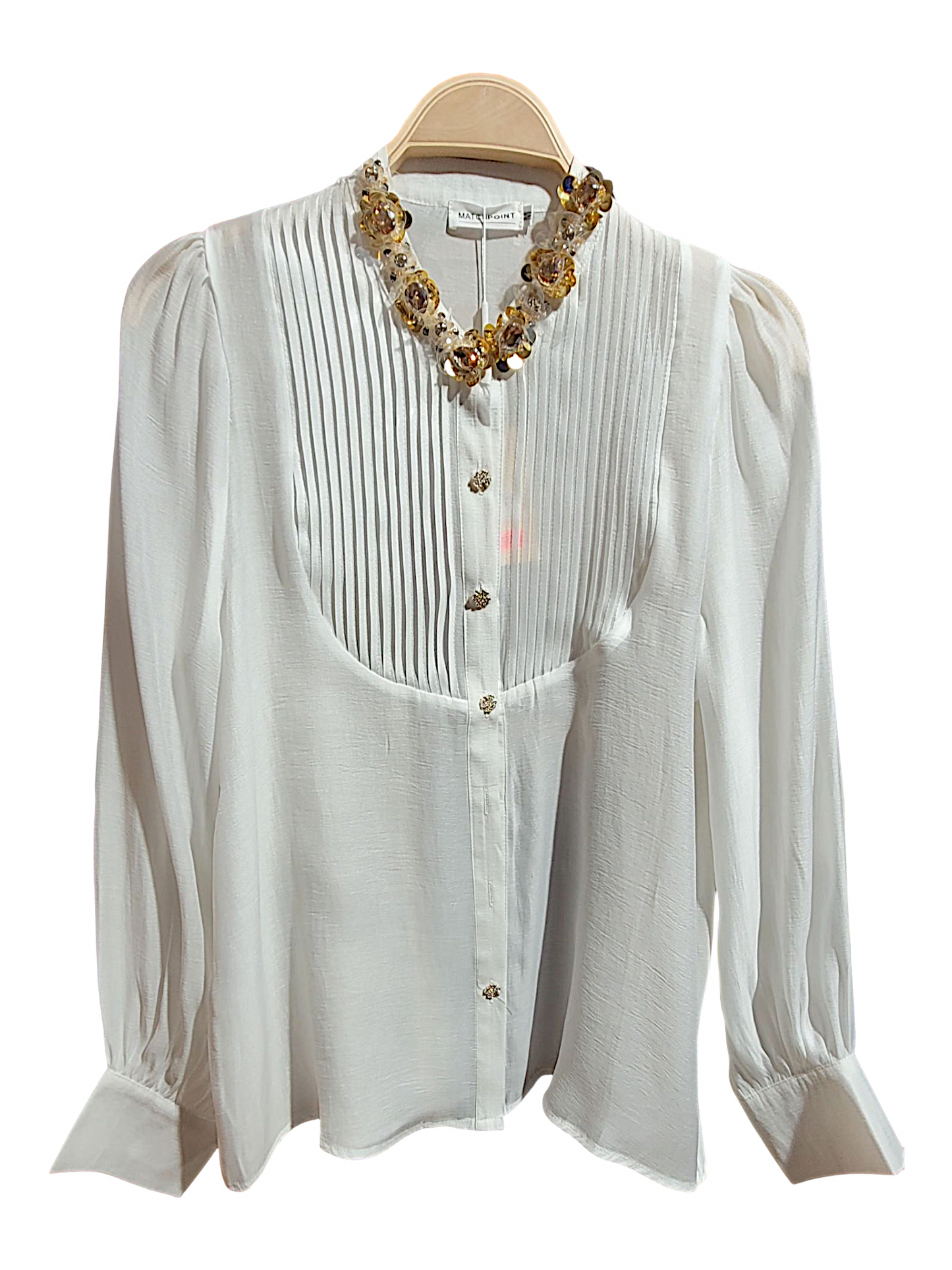 Blusa con cuello Joya y pliegues frontales.